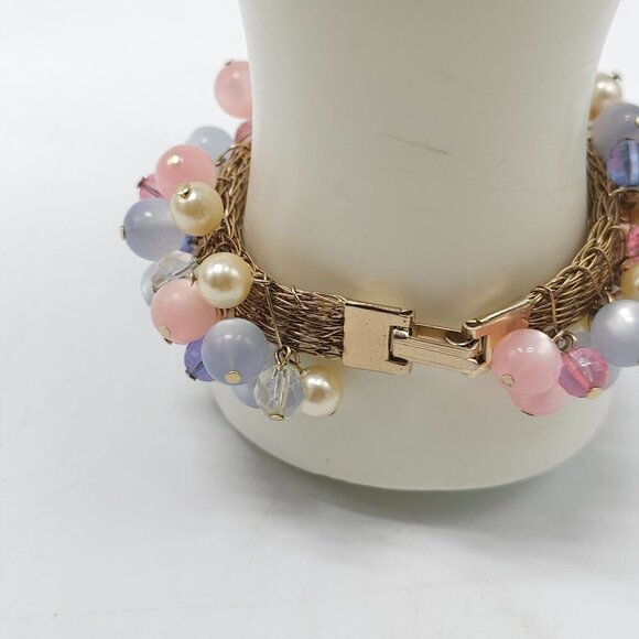Vintage Pink Purple Cha Cha Bracelet With Glass Beads Faux Pearls - Picture 4 of 5